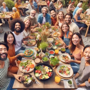 A diverse group of people smiling and sharing a meal together, showcasing a variety of ages, backgrounds, and lifestyles. This image highlights inclusivity and the communal joy found in sharing foods that are kind to the planet.