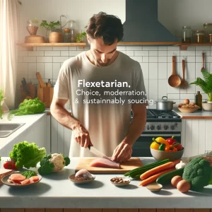A person preparing a meal in a bright, modern kitchen, with ingredients that include both plant-based options and a small portion of sustainably sourced meat or fish. This image represents the balanced approach of a flexetarian diet, highlighting choice and moderation.