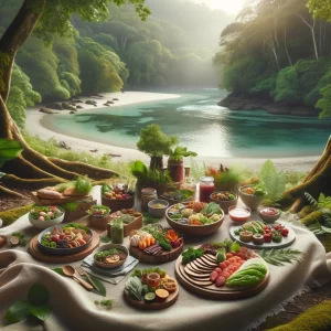 A serene image of a picnic or meal set in a natural landscape, such as a forest, beach, or garden. The focus is on the connection between eating sustainably and the health of our planet, reinforcing the message that every meal is a choice that impacts our environment.
