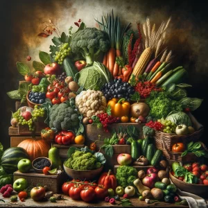 An image focused on the beauty of seasonal fruits and vegetables, arranged artistically to showcase their natural beauty and abundance. This can include a backdrop of a farmer's market or a kitchen counter, emphasizing the connection to the earth and local produce.